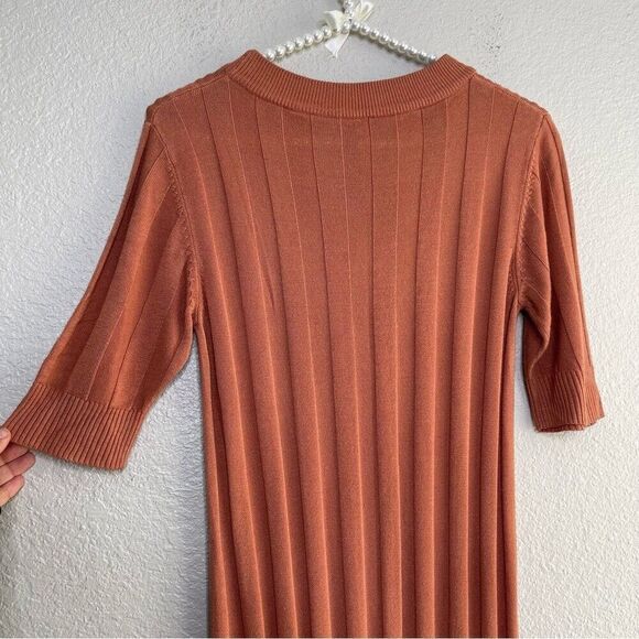 VEDA Large Knit Long Dress Casual 3/4 Sleeve Ribbed Colorblock Stripe High Neck - Picture 9 of 10